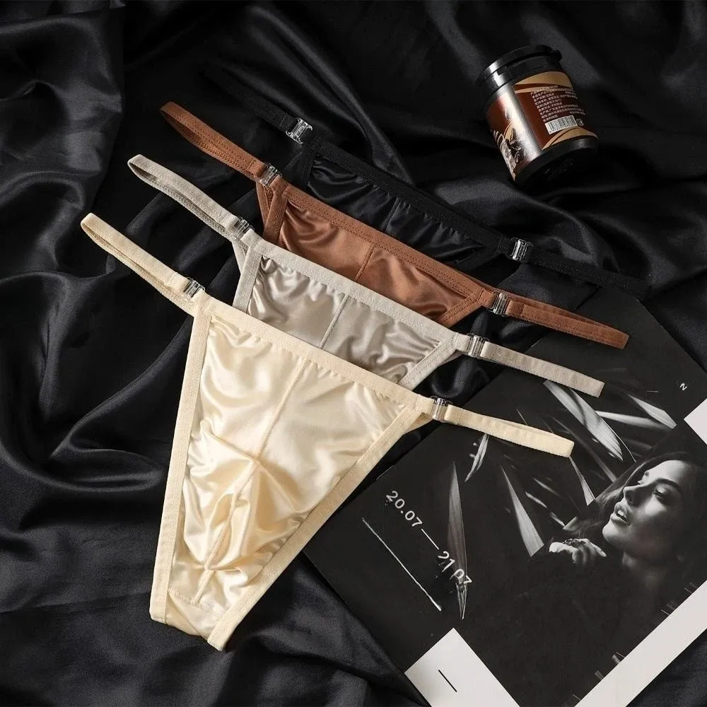 Glossy Smooth T-back Men Thong Lingerie Low Waist Bikini Satin Briefs Thin Belt U Convex Pouch Triangle Panties Male