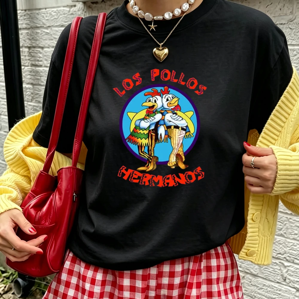 Unisex Los Pollos Hermanos Graphic T‑Shirt Breaking Bad TV Show Two Chickens Logo Art Print O‑Neck Soft Cotton Loose Tee Tops