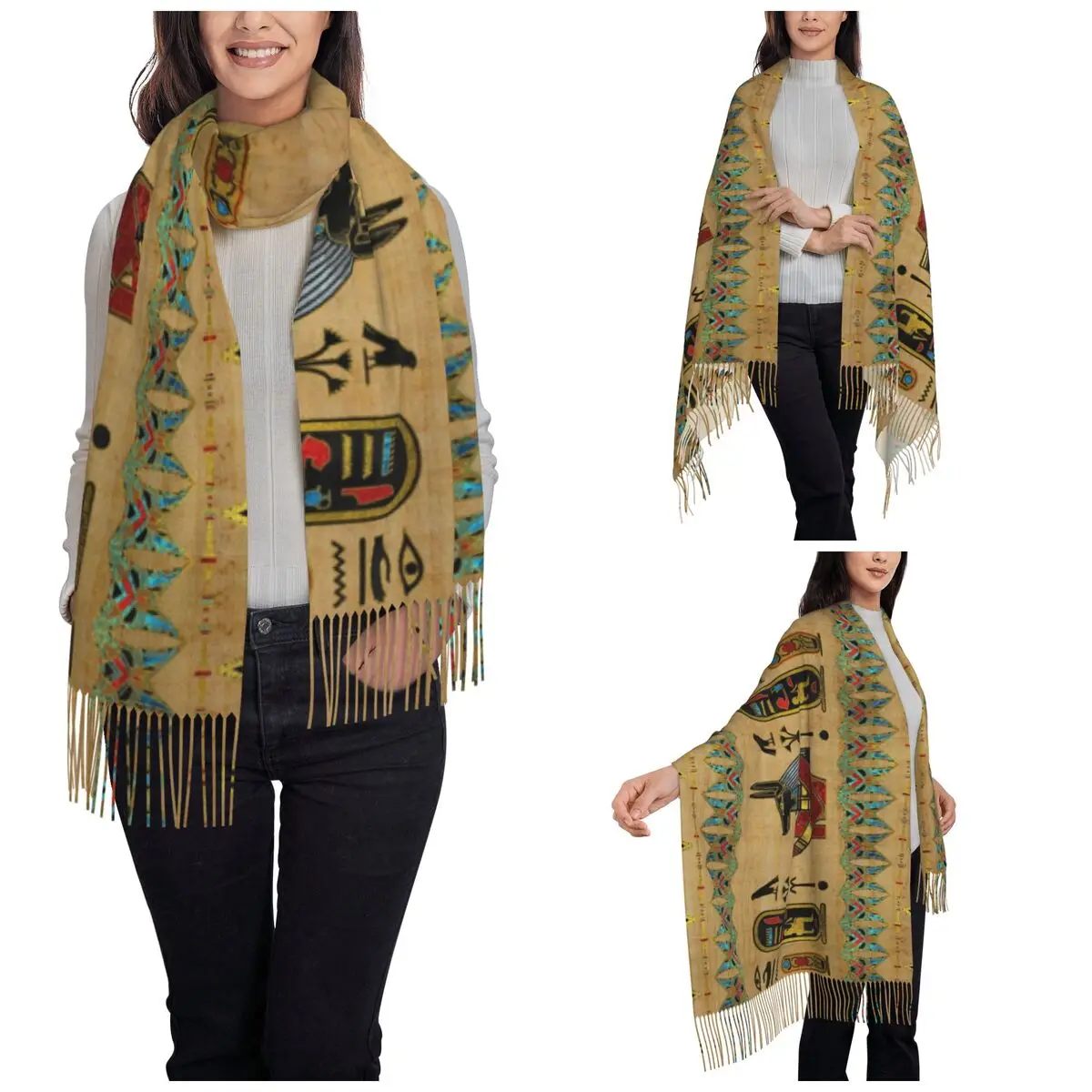 Egyptian Anubis Ornament Shawls Wraps for Women Winter Warm Long Soft Scarf Ancient Egypt Myth Pashmina Tassel Scarves