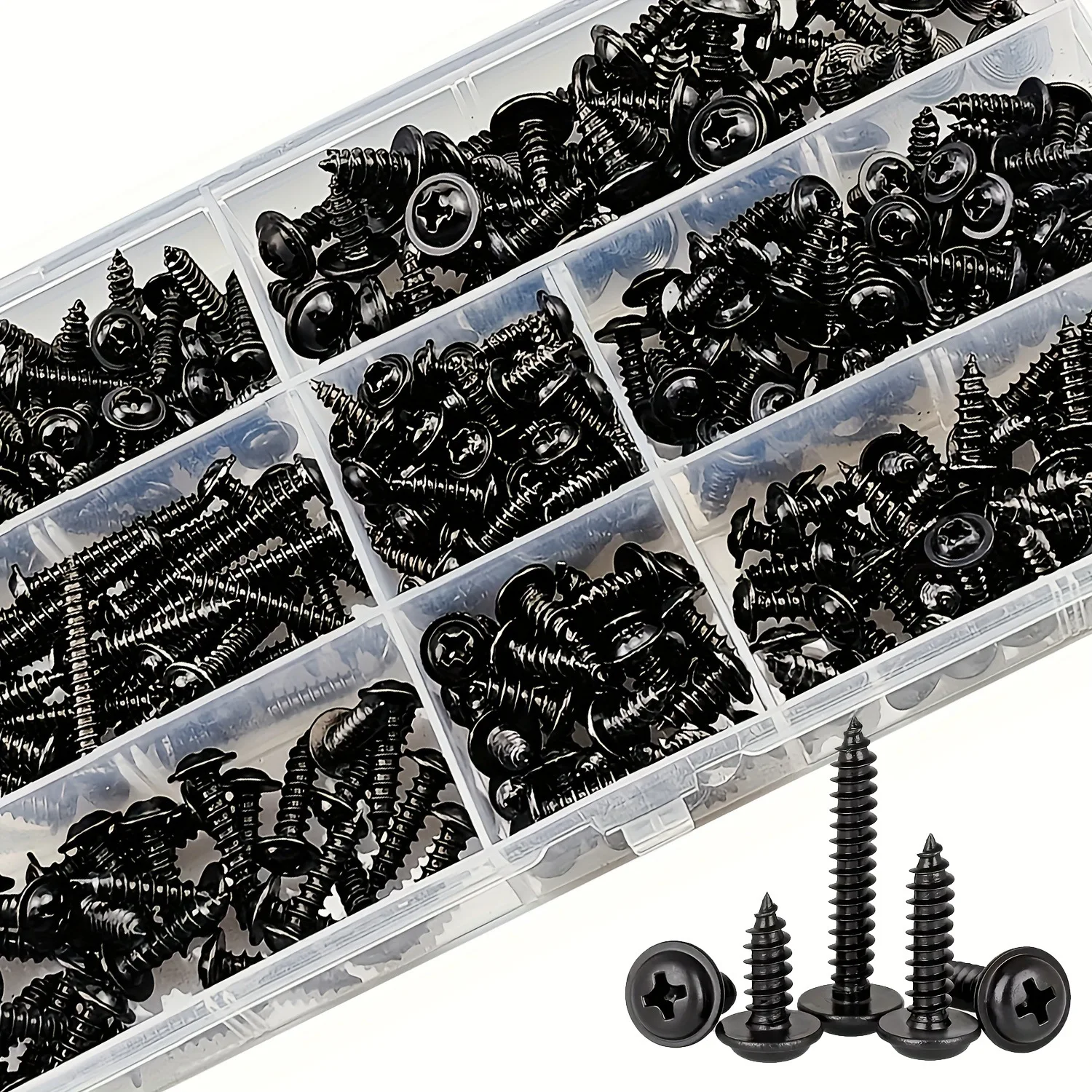 Picture 5: 390Pcs Carbon Steel Wafer Head Flange Self Tapping Screws Black Cross Head Self-Drilling Screw Bolt Phillips Head Assortment Kit