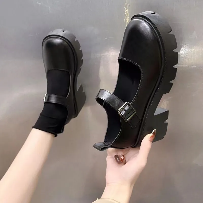 Women's British Style Spring 2024 Flat Shoes Jet Black Thick Bottom One-piece Buckle Mary Jane Shoes Single Rubber Upper