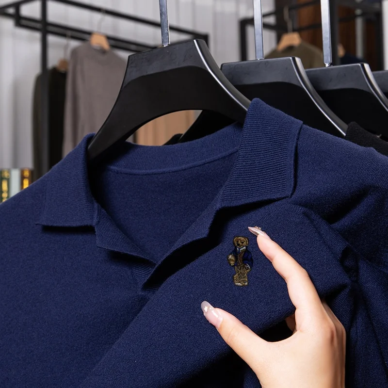 

Exquisite Embroidered Print Men's Lapel Knitwear Luxury Brand Autumn Business Simple Trendy Long Sleeve V-neck Sweater Menswear