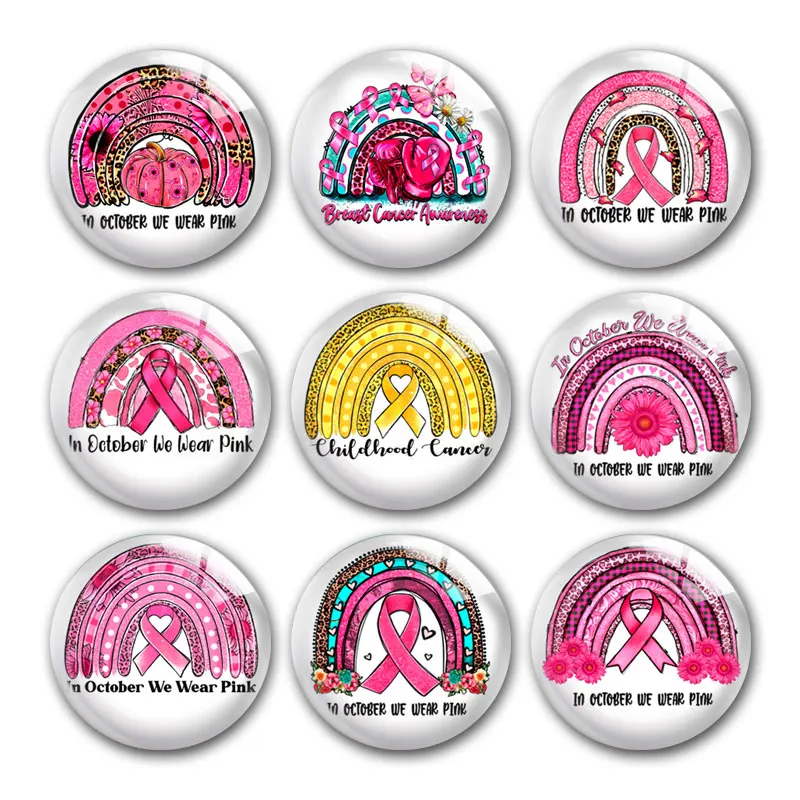 

Pink Ribbon October Breast Cancer Awareness Round Photo Glass Cabochon Demo Flat Back DIY Jewelry Making Supplies Snap Button