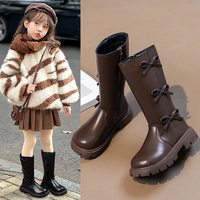Girls Mid-calf Boots Princess Style Kids Long Boots Side Zipper 2026 Autumn Winter Children Casual Boots Round Toes Versatile