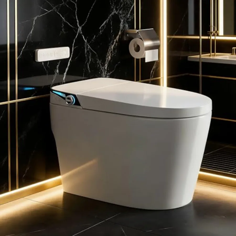 

Smart toilet for home use, ceramic white, premium bidet with warm water, heated seat, automatic lid, foam shield, 1000g MaP flu