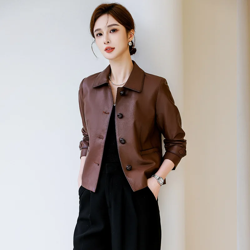 

2024Spring New Genuine Leather Sheepskin Haining Fashion Leather Coat Short Women's Neck Small Casual Versatile Coat