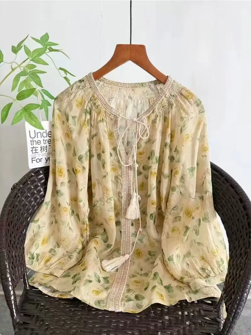 

Bust 130 pure ramie shirts for women summer spring bohemian ethnic printed lace-up blouses beach 3/4 sleeves tops