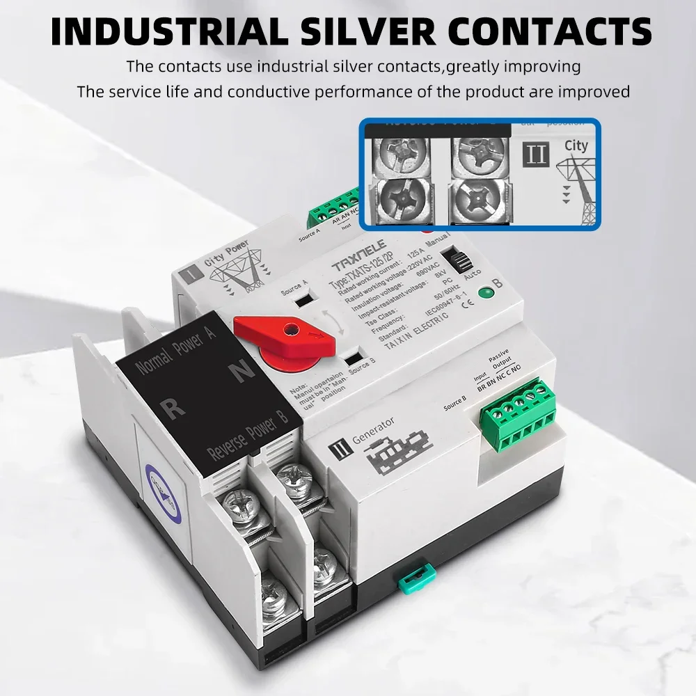 단상 Din 레일 ATS 220V 이중 전원 자동 전송 전기 선택기 스위치, 무정전 전원 2P 63A 100A 125A