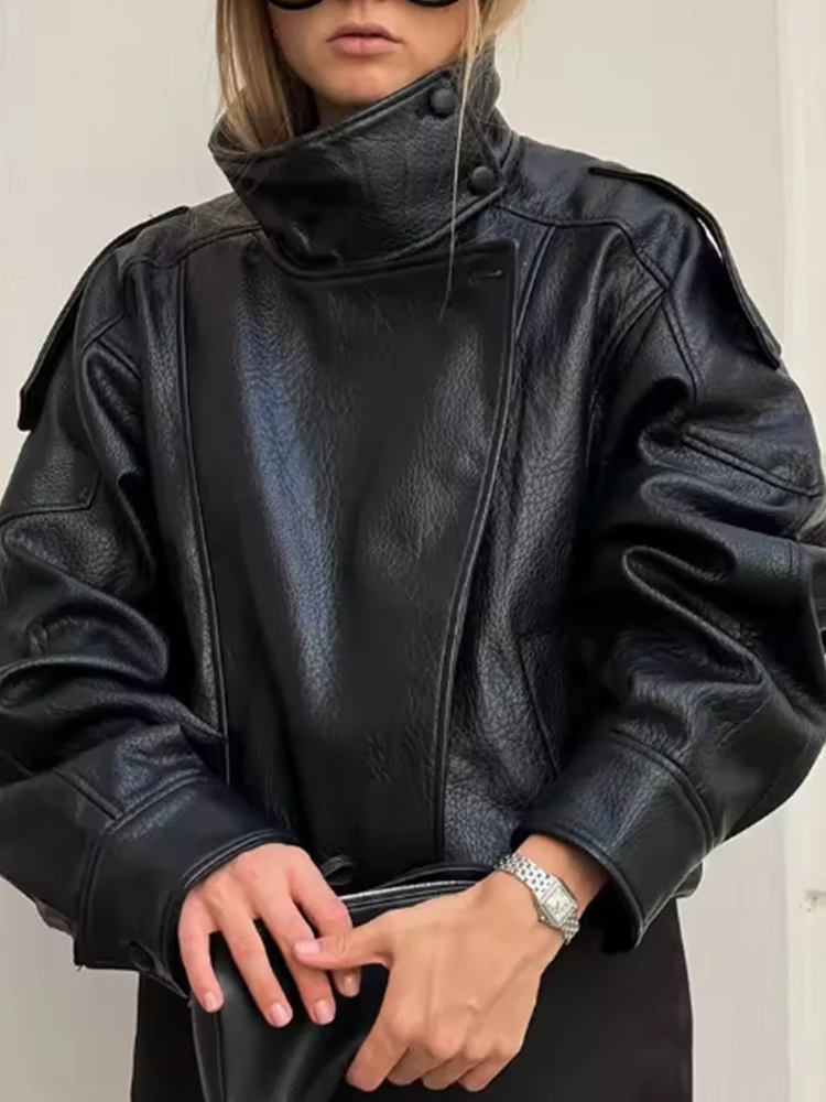 

Women New Autumn Faux Leather Jacket For Women Casual Solid Long Sleeve Zipper PU Leather Coats New Fashion Female Streetwear