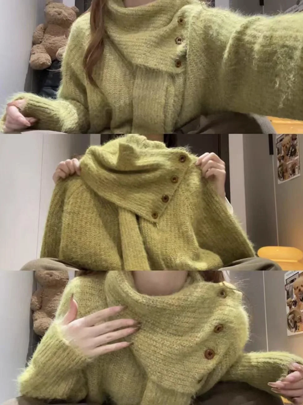 グリーン-vネック-カシミヤ-スカーフ-ニット-セーター-レディース-秋冬-ラフ-オールドマネースタイル-ネックウォーマー-韓国デザイン-おしゃれ-通勤-ゆったりフィット