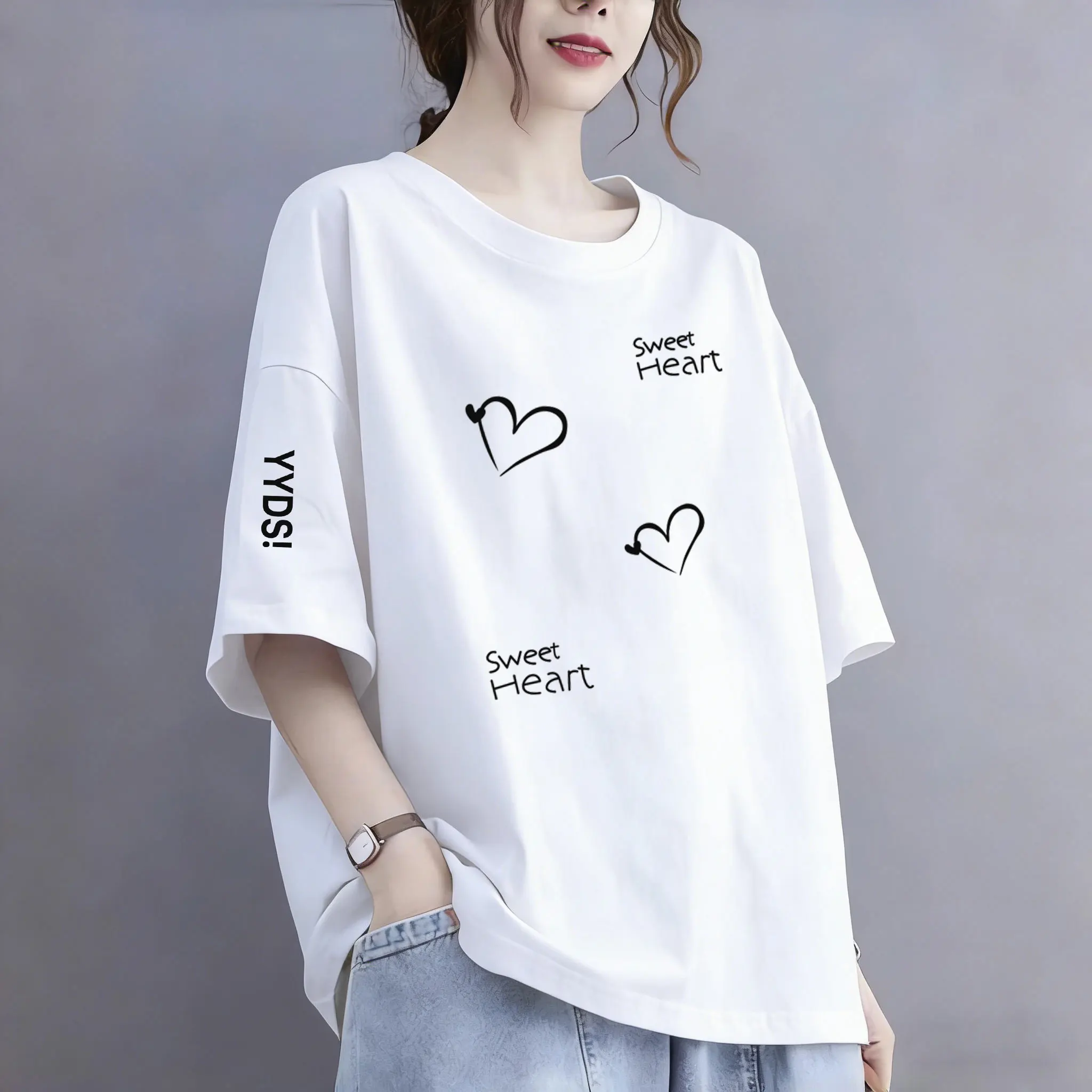 Pure Cotton Ladies Short Sleeve T-Shirt Summer New Loose Fit Mid-Length Women's Style Commute Print Sweat-Wicking round Neck