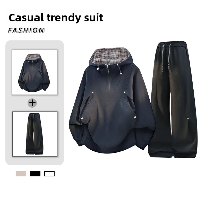2026 Spring/Autumn New Men's Splicing Half High Collar Hoodie Pants Set Loose Casual Sports Two Piece Set