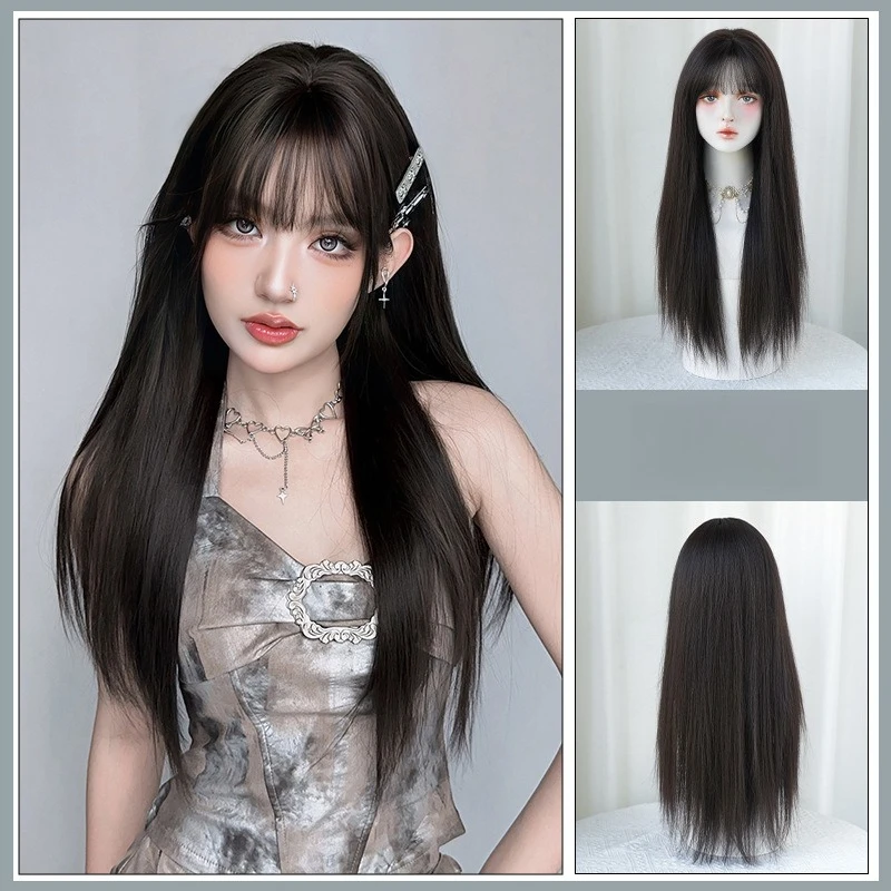 

Женский длинный прямой черный парик на всю голову с челкой, из синтетического волокна, очень длинные прямые волосы