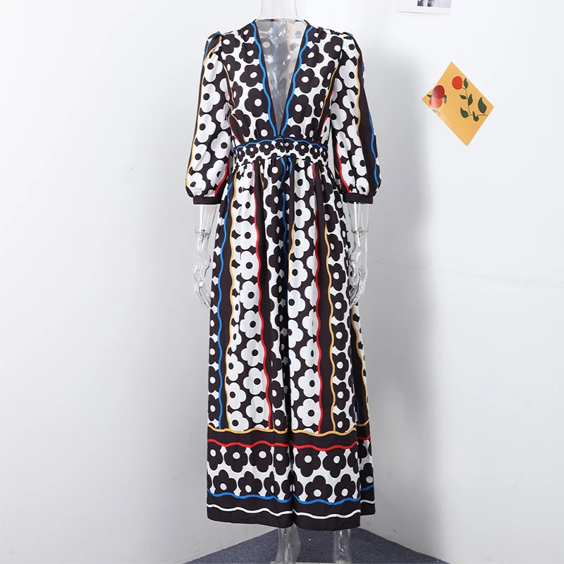 Printed Maxi Dress Women Vintage Long Puff Sleeve V Neck Lady A Line High Waist Dresses 2024 Newest Summer Autumn Street Vestido