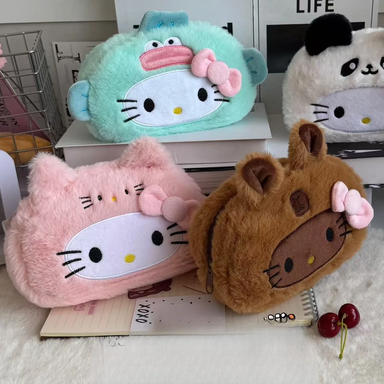 Cute Disguised Hello Kitty Plush Pencil Case Panda Capybara Cartoon Large Capacity Student Stationery Storage Bag High-Value Plu