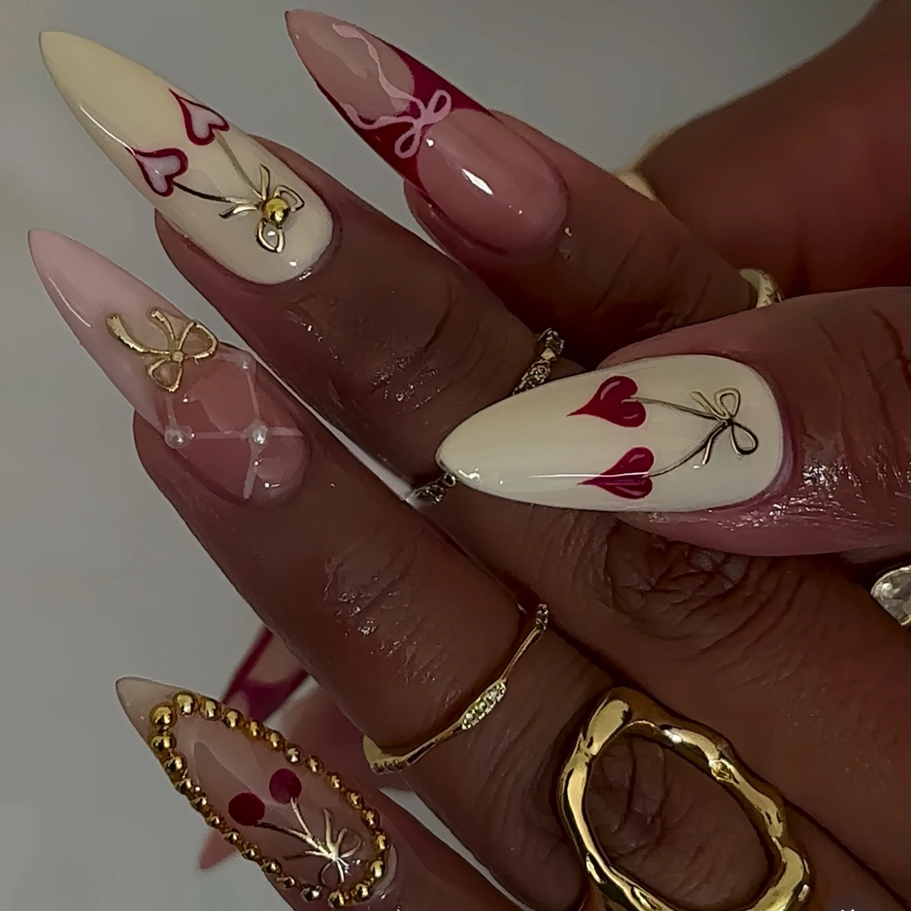 

24PCS French almond false nails with Cute cherry and Fashion Golden Bow pattern Diamond Design Press on Nails for Spice Girls