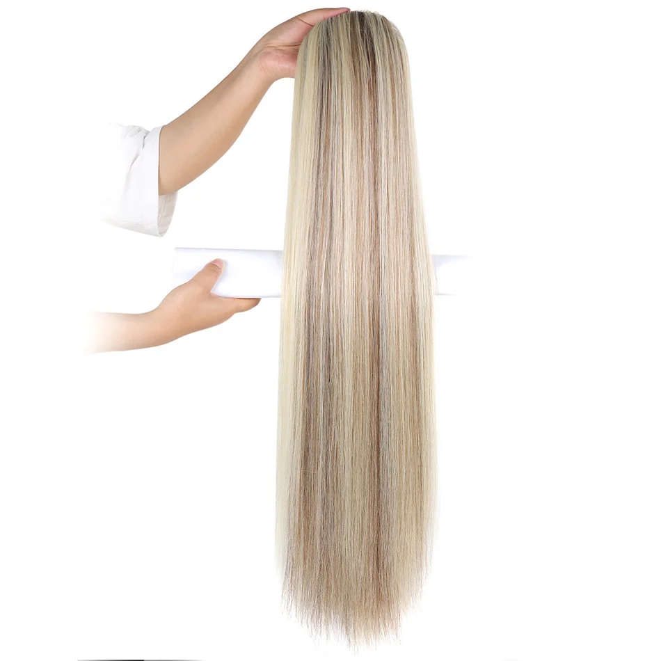 Rabo de cavalo reto longo com cordão, cabelo sintético, fibra resistente ao calor, clipe no cabelo falso, cauda de pônei lisa, 32in