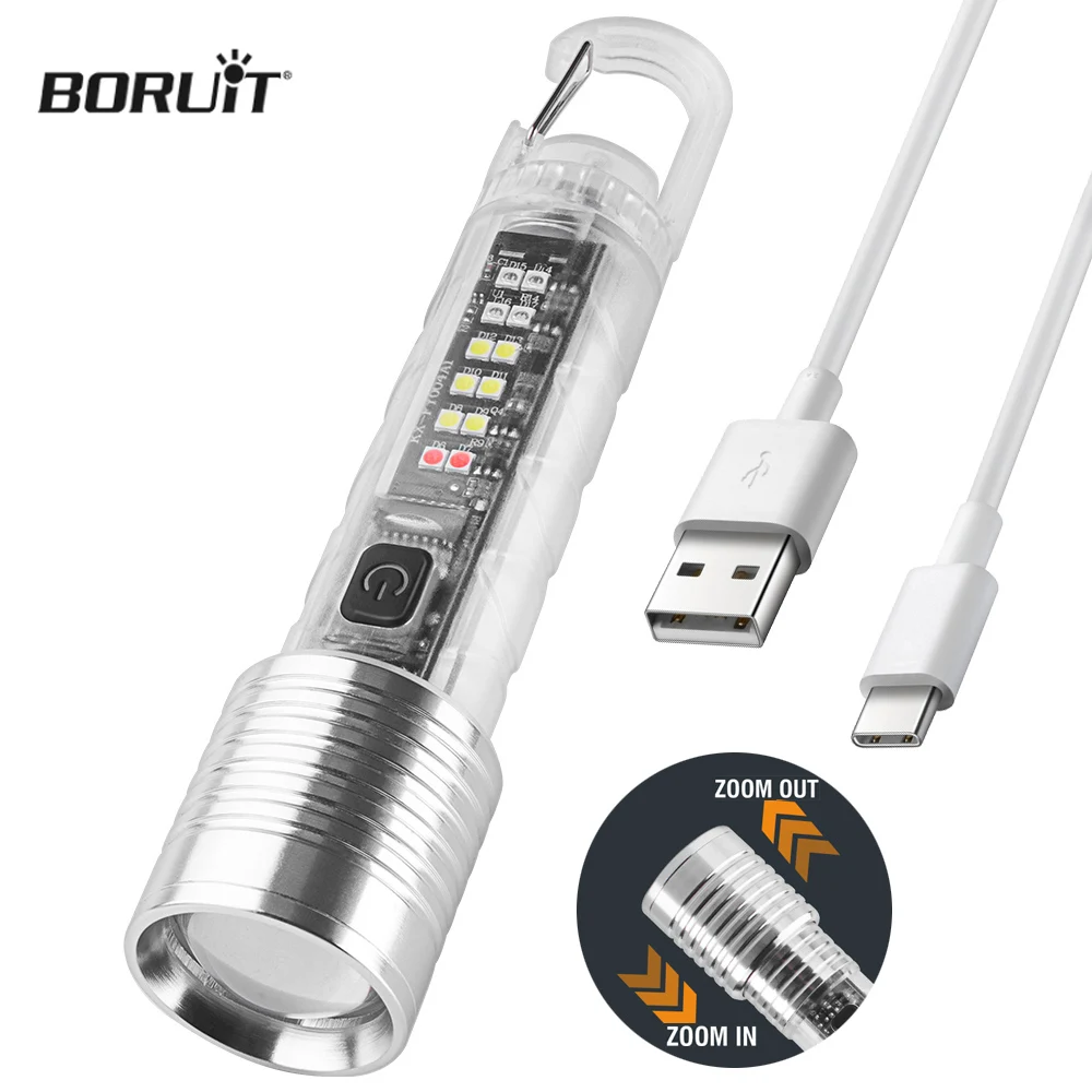 BORUiT Mini Flashlight Keychain Super Bright Zoom Rechargeable Torch Outdoor Emergency Camping Fishing Work Lights UV Tiki Lamp