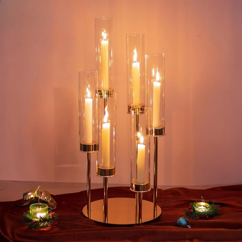 

Hurricane Glass Candle Holders: 6 Arm Gold Metal Candlestick Candelabra with Removable Clear Cylinder Sleeve