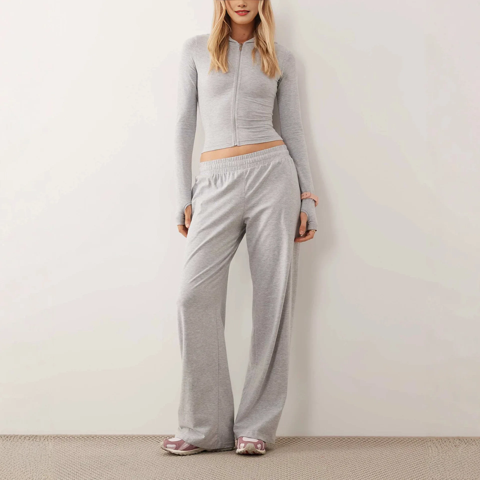 Women Solid 2 Piece Set Tracksuit Zip Up Hooded Cropped Jacket Drawstring Wide Leg Pant Sets Casual Hooded Sweatshirt Pants Suit