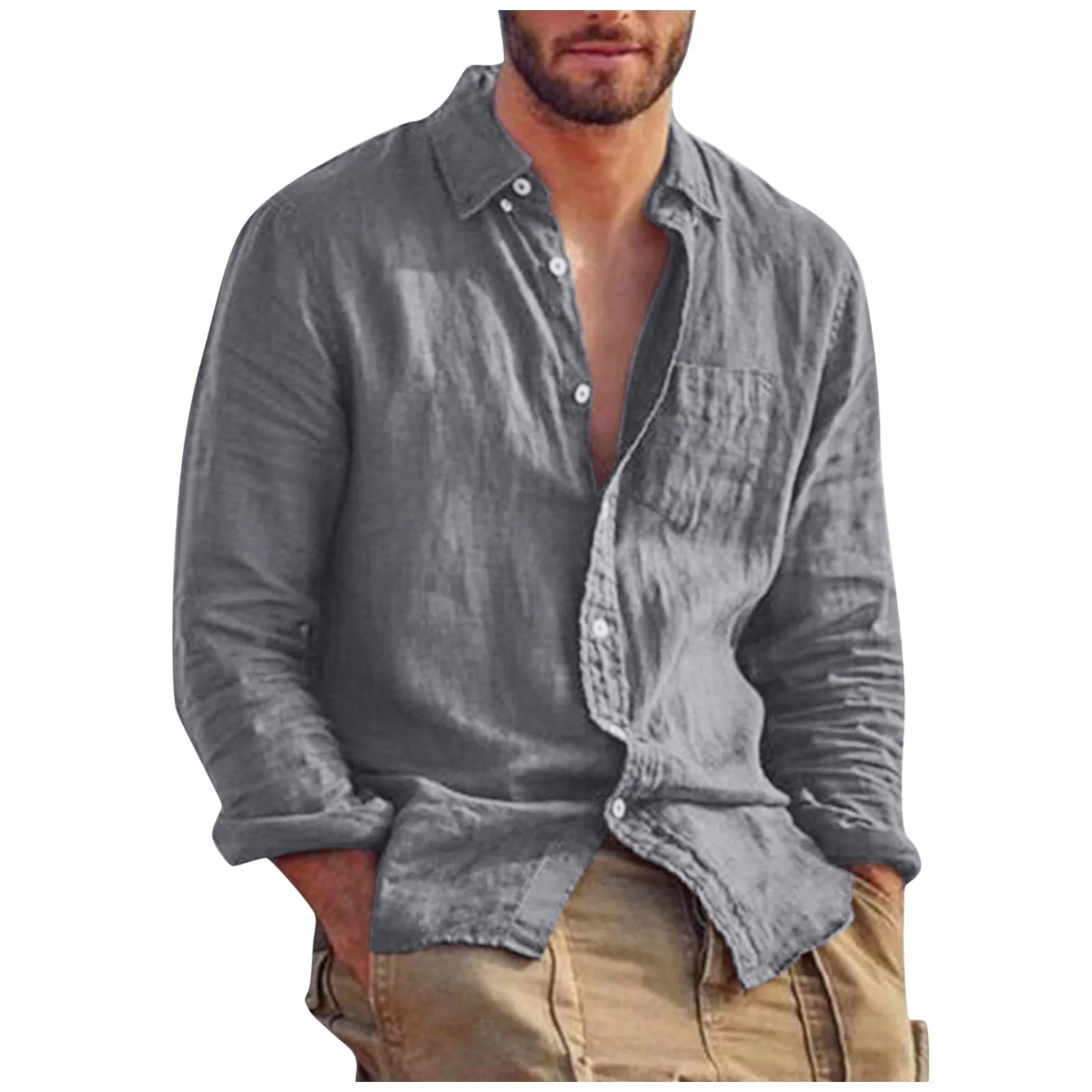 

Men'S Fashion Shirts Casual Long Sleeve Cotton Linen Solid Color Blouse Tops Daily Classic Lapel Single-Breasted Loose Shirts