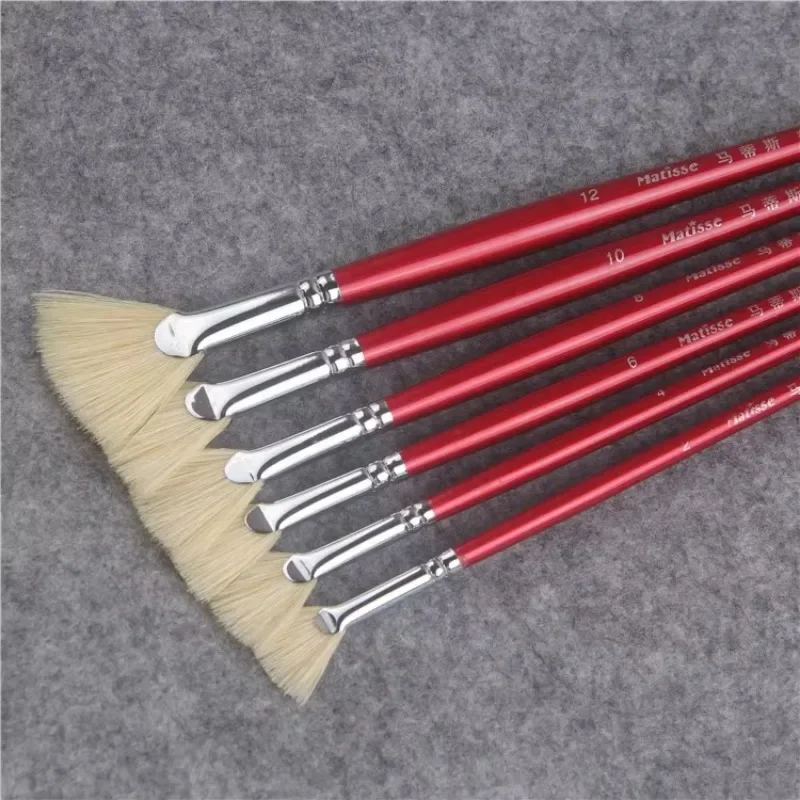 6pcs/set red rod hanging silver tail pig bristle fish tail fan shap Art oil painting Acrylic brush drawing supplies