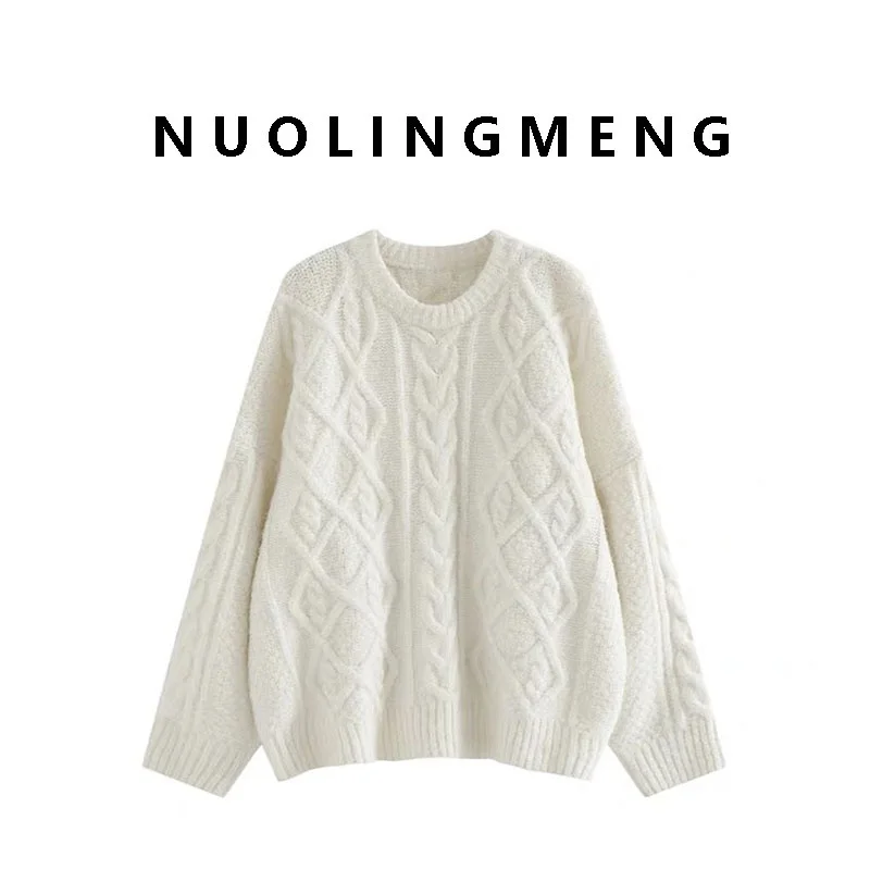 女性の秋冬ルーズニットセーターソフトラウンドネック怠惰なスタイルアウターミルクホワイトカラーストリートファッションピュアカラー