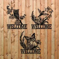 Minimalist metal wall decorations: Owl, butterfly and hummingbird welcome signs - for indoor/outdoor use