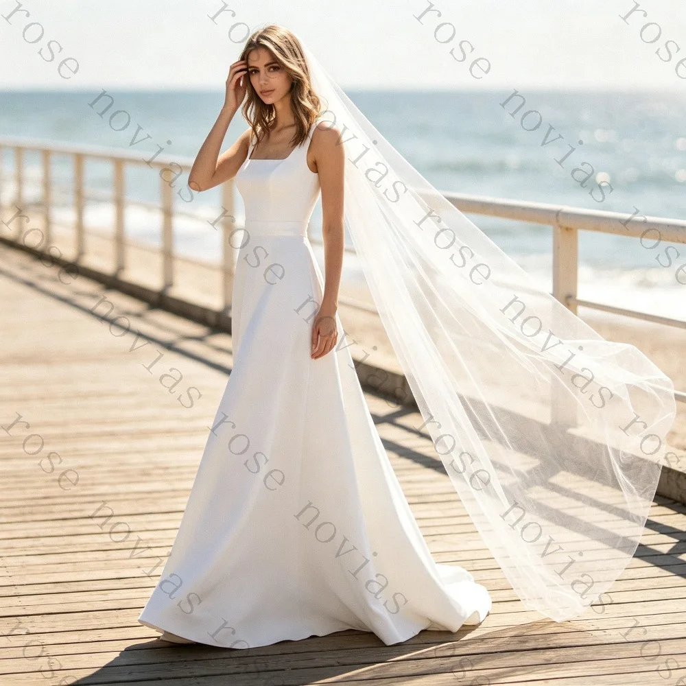Customized 2026 Satin Square Neck Sleeveless Wedding Dress A-Line Bridal Gown Simple Elegant for Beach Garden Reception Party