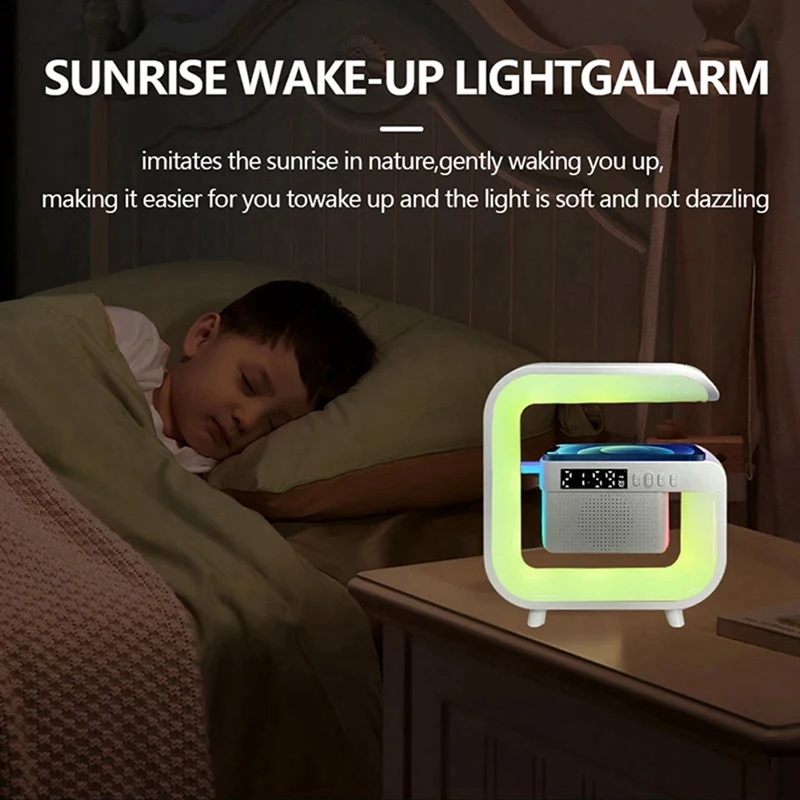 محطة شحن سريع لاسلكية للهاتف الذكي ، حامل شاحن ، مكبر صوت بلوتوث ، متعدد الوظائف ، FM ، TF ، RGB ، إضاءة ليلية