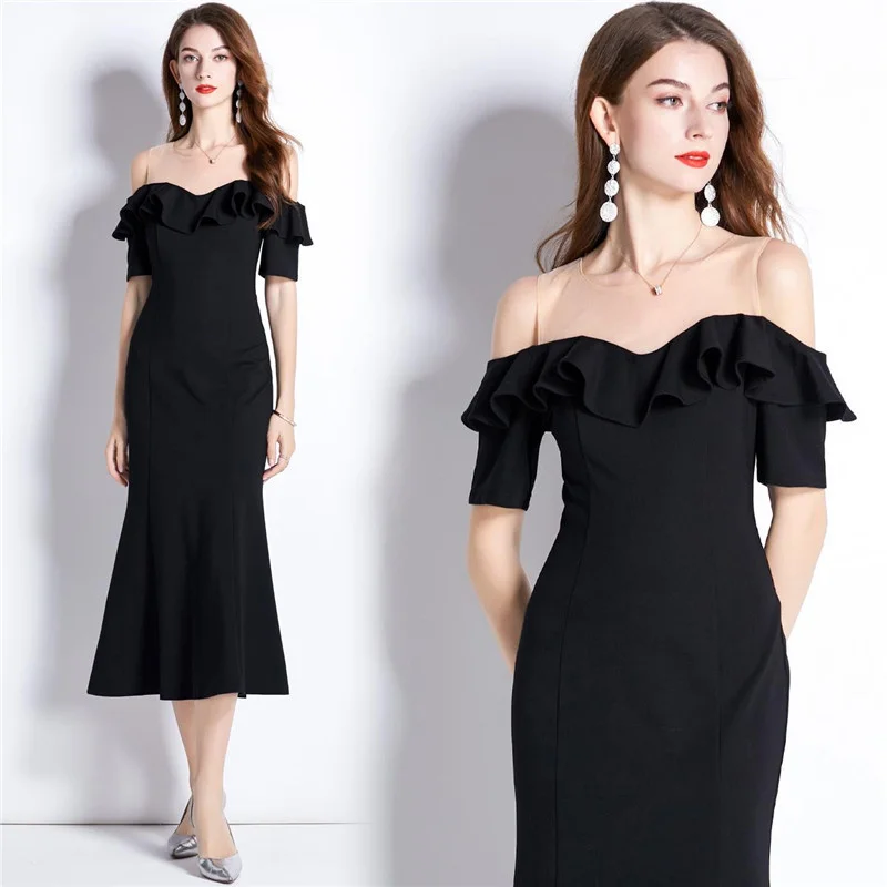 

Class High Elegant Vintage Mid Long Party Robe Fashion Slash Neck Cascading Ruffle Rome Cotton Patchwork Bodycon Trumpet Dresses