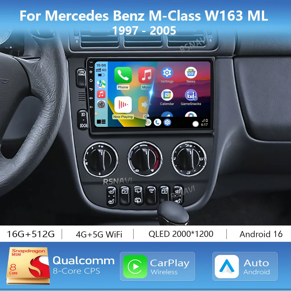Android 16 Carplay Auto 2K Screen Car Radio Multimedia Player For Mercedes Benz M-Class W163 ML 1997 - 2005 Autoradio Stereo