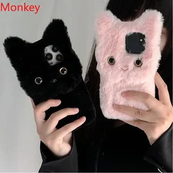3D Cute Plush Cat Case For Xiaomi 14 13T Mi Poco X6 M6 Redmi Note 12 13 Pro Plus 12S 13R A3 13C Furry Fluffy Fur Soft Back Cover