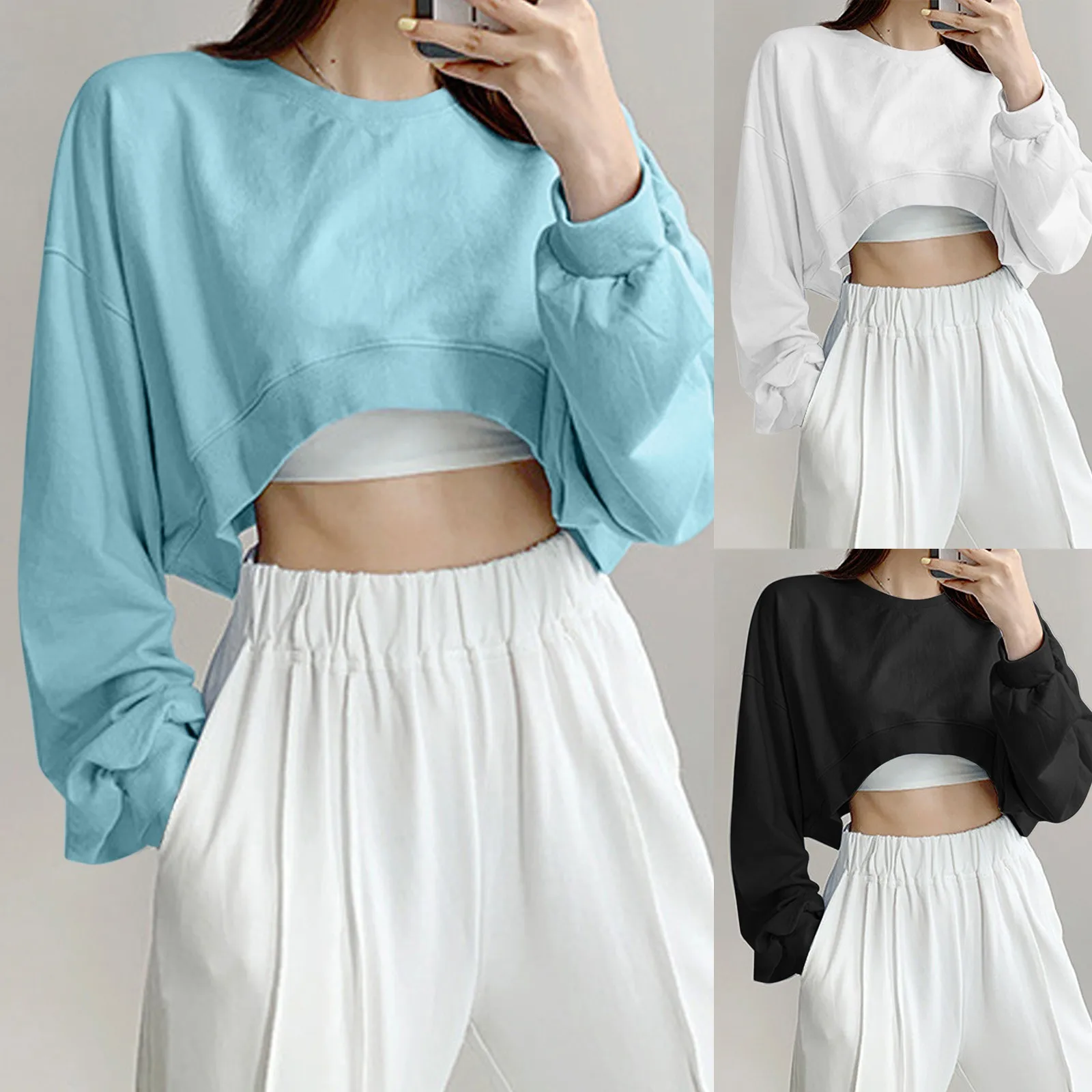 Short T-Shirt Women Solid Color Loose Round Neck Long Sleeve Cropped Top High Waist Navel Exposed Simple Casual Basic Summer