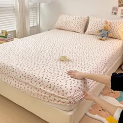 Soft Fitted Sheet with Pillowcase Simple Style Bed Cover Elastic Bedsheet Single/Queen Size Bed Linen for Home roupa de cama