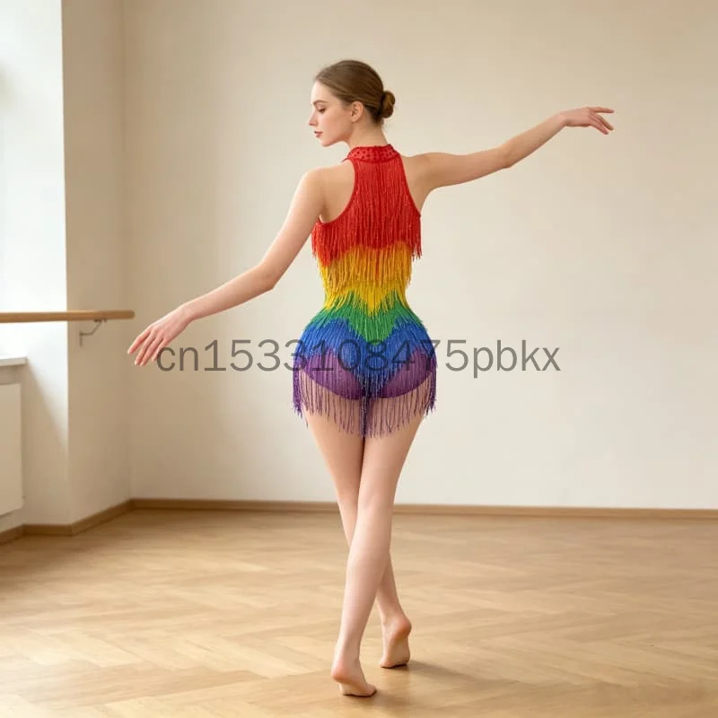 Rainbow Sequins Tassels Women Sexy Off the Shoulder Keyholes Bodycon Mini Bodysuit Nightclub Party Celebrate Birthday Wear