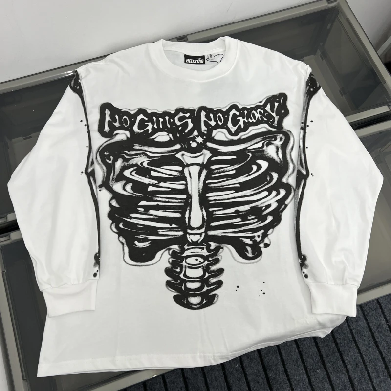 

Американская повседневная свободная хлопковая футболка с буквенным принтом ранней осени Hell Star Skeleton Long Sve Base irt