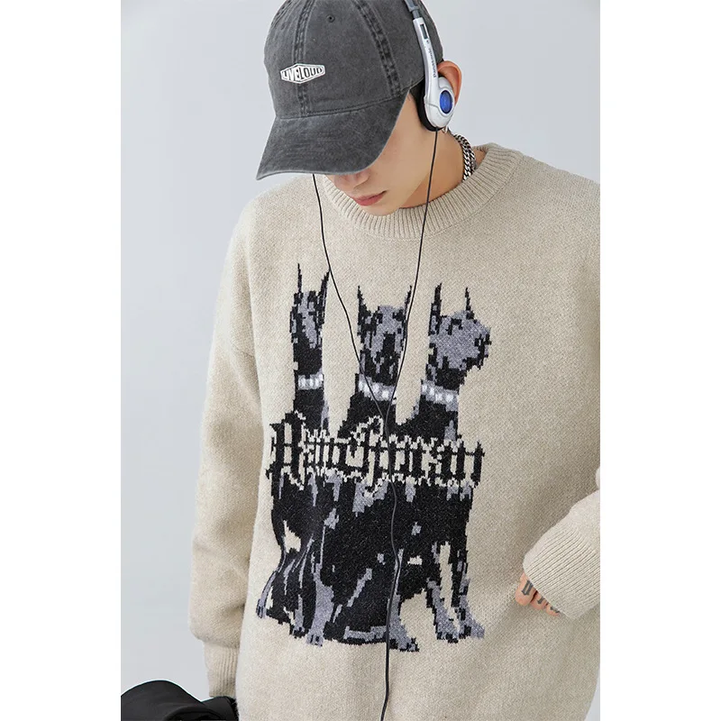 Doberman Dog Knitted Sweater Men Y2k Streetwear Oversize Pullover Vintage Graphic Knit Male Jumper Women Winter Casual Sweaters