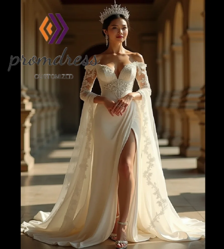 

Victorian Empress Wedding Dresses Graceful Cape Long Sleeve Lace Bohemian Fairy Bride Dress Whimsical Mermaid Boho Bridal Slit