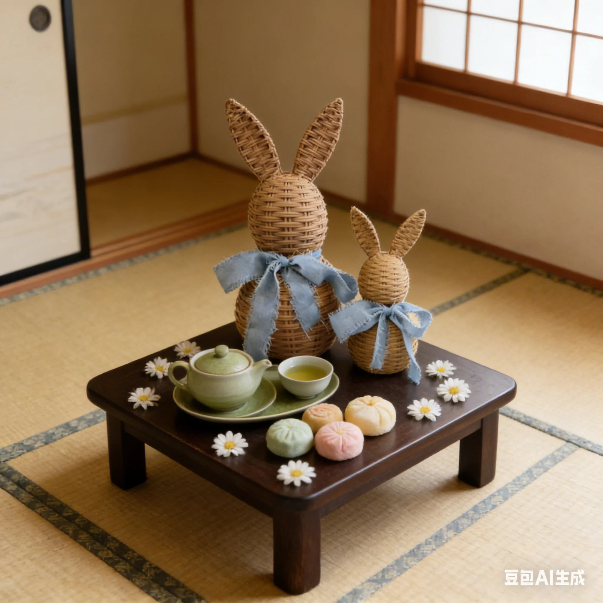 Handmade Easter Rabbit Decoration Set with Vine Weaving Effect Bow Farmhouse Style Bunny Doll for Holiday Decor