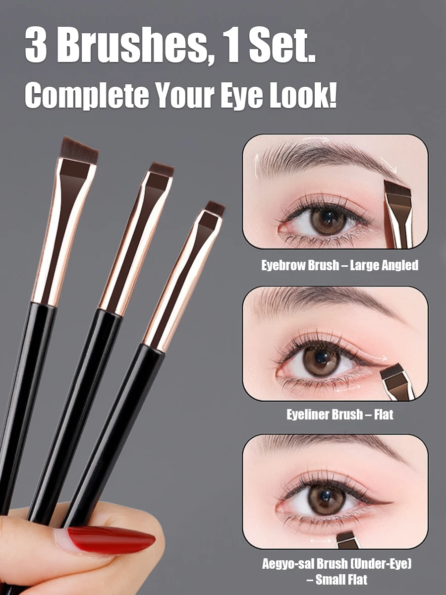 3Pcs/Set Angled Eyeliner Brush Flat Sickle Brush Slant Eyebrow Brush Precision Brow & Underlash Makeup Tool Kit for Beginners