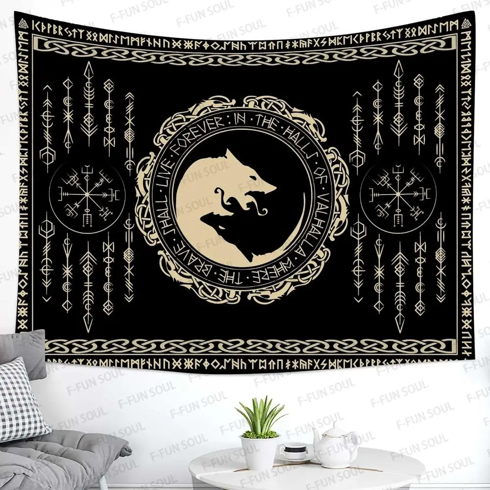 

-UN SOUL Nordic Vikings Tapestry, 100x90inches Sot lannel, Viking Violence Wol Rune Scandinavian Aesthetic Mythology Tapestry Wa