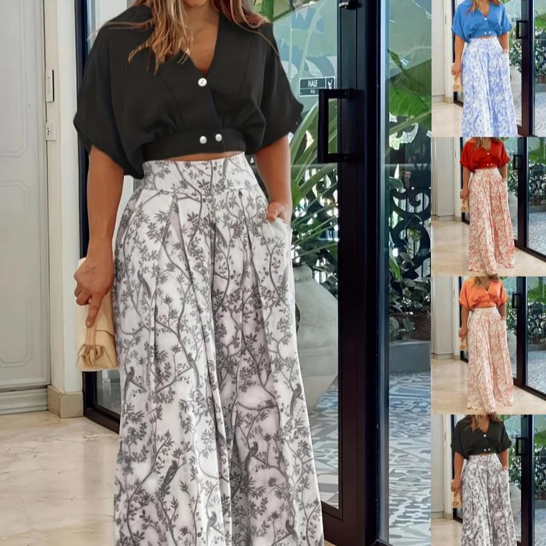 

Mandylandy Fashion Casual Pants Suit Two-piece Set Tshirt Tops Printed Wide-leg Pants Button Cardigan Chiffon Shirt Suits