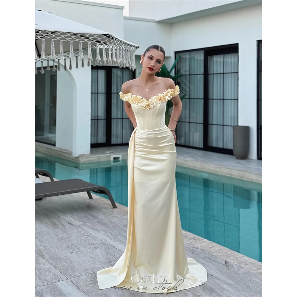 

Cathy Customized Yellow Off Shoulder Appliques Prom Dresses Mermaid Sleeveless vestidos de noiva Corset Lace-Up Formal Evening