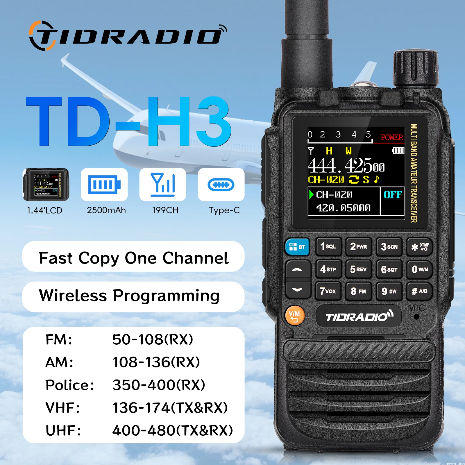 TIDRADIO H3 Walkie Talkie Phone APP Wireless Programming Dual PTT Air Band Long Range Radio USB Type-C Cable Programming &Charge