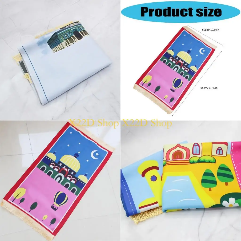 X22D Islamic Muslims Soft Prayer Mat Portable Travel Prayer Rug Cartoon Print Children Worships Mats Eid Ramadans Gift