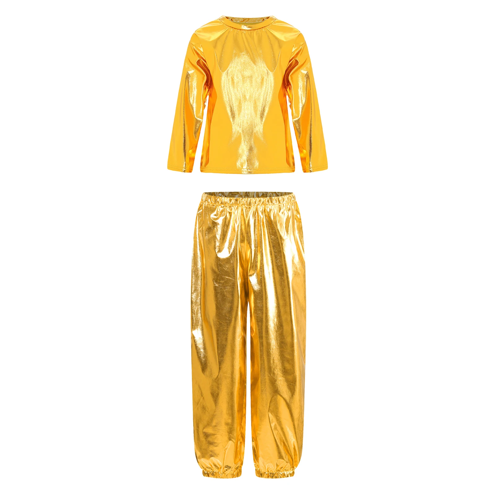 Kids Girls Street Hip Hop Jazz Dance Party Performance Outfit Metallic Shiny Long Sleeve Round Neck T-shirt with Pants Tracksuit