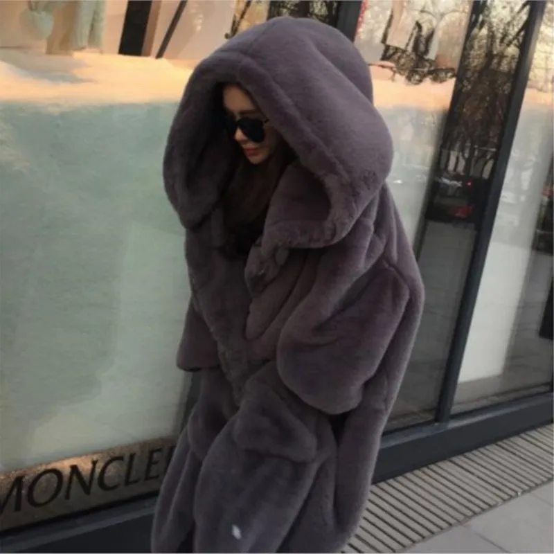 Oversized Winter Warm hooded Large size Long Solid color Faux Fur Coat 2024 Casual Long sleeve Women Fur Jacket Outwear