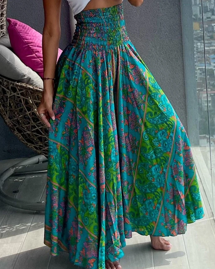 Damen übergroße Hose 2024 Frühling/Sommer neueste lässige Boho Vintage Tribal Paisley Print geraffte Hose mit hoher Taille und weitem Bein