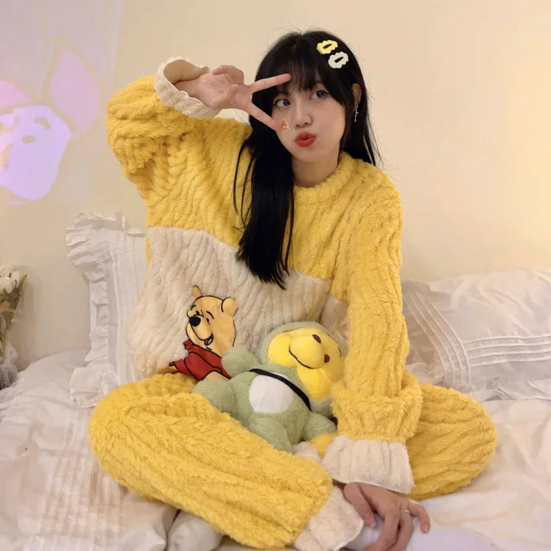 Cartoon Winnie the Pooh pajamas winter new coral fleece fleece thickened flannel cute Disney loungewear women\'s pajamas set